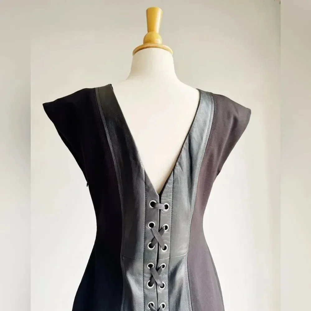Boston Proper Black Leather Panel Lace-Up Dress Size 8